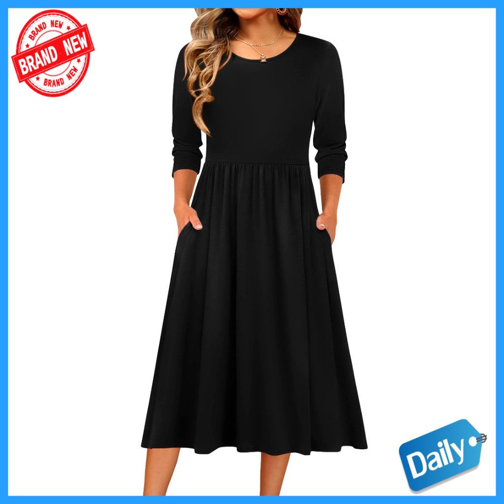3/4 Sleeve A-Line Midi Dress With Pockets, Casual Flowy T-Shirt Style